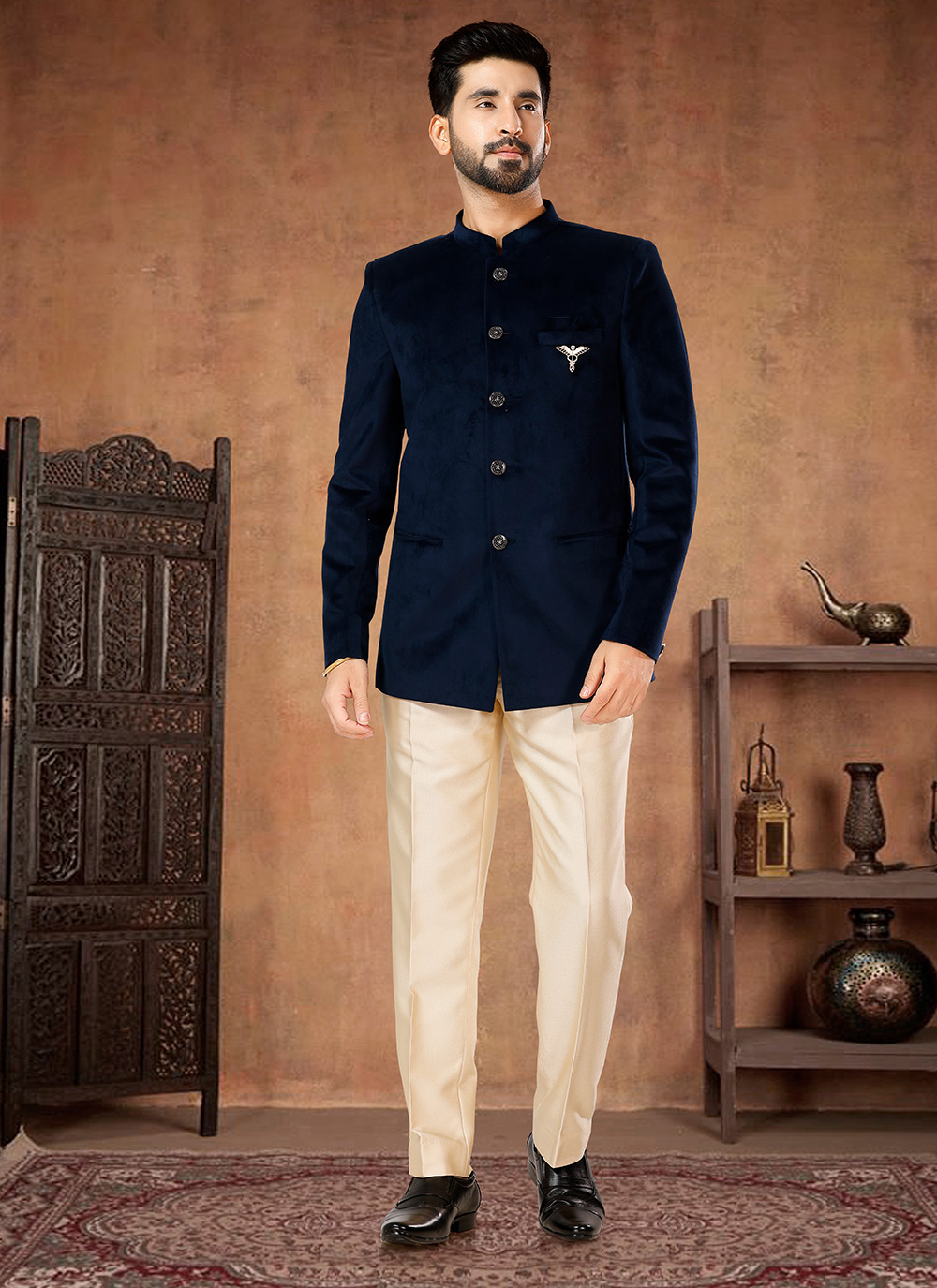 Shop Blue Velvet Buttons Work Jodhpuri Suit for Engagement Online 282906