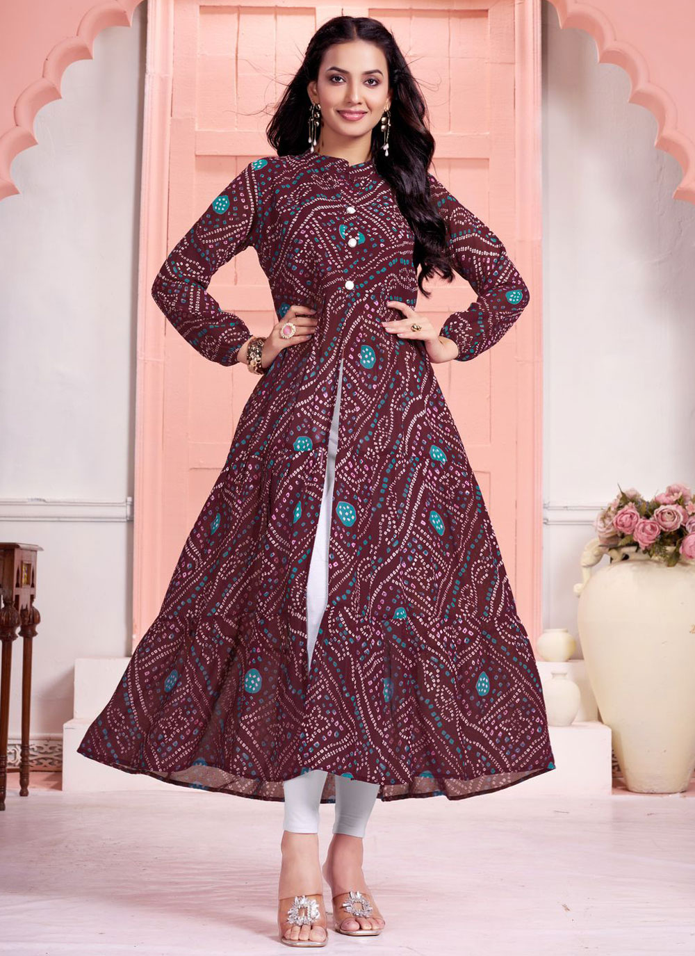 Buttons and Print Work Pure Georgette Designer Kurti In Maroon Sareeka