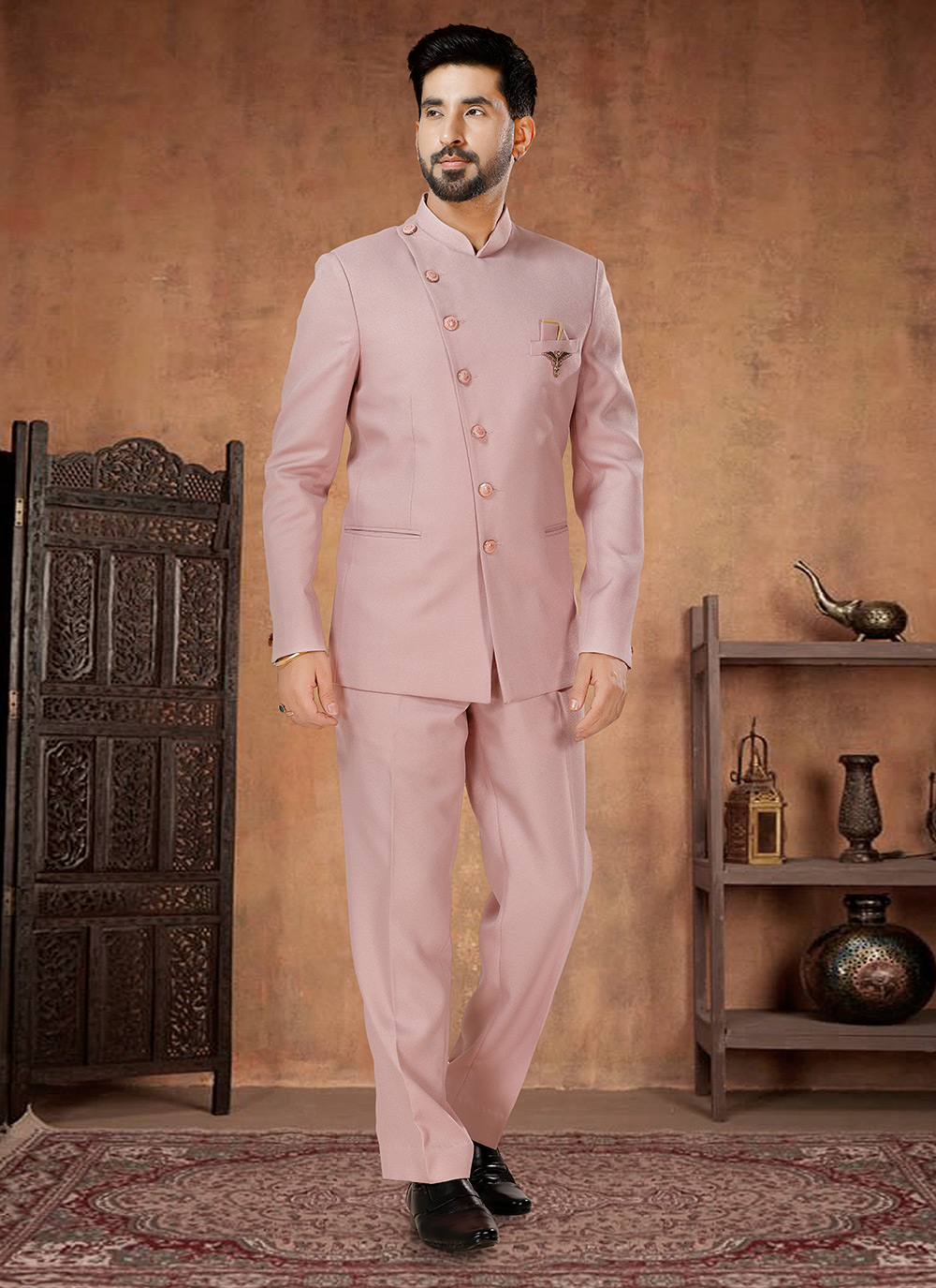 Buttons Work Rayon Jodhpuri Suit In Pink for Engagement Buy Online