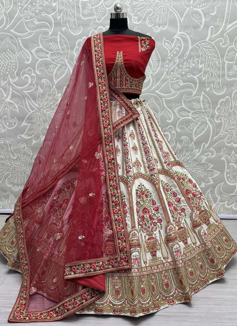 Cream & Green Mexican Silk Bridal Wedding Lehenga Choli With Khatli Work  Heavy Embroidery AA109