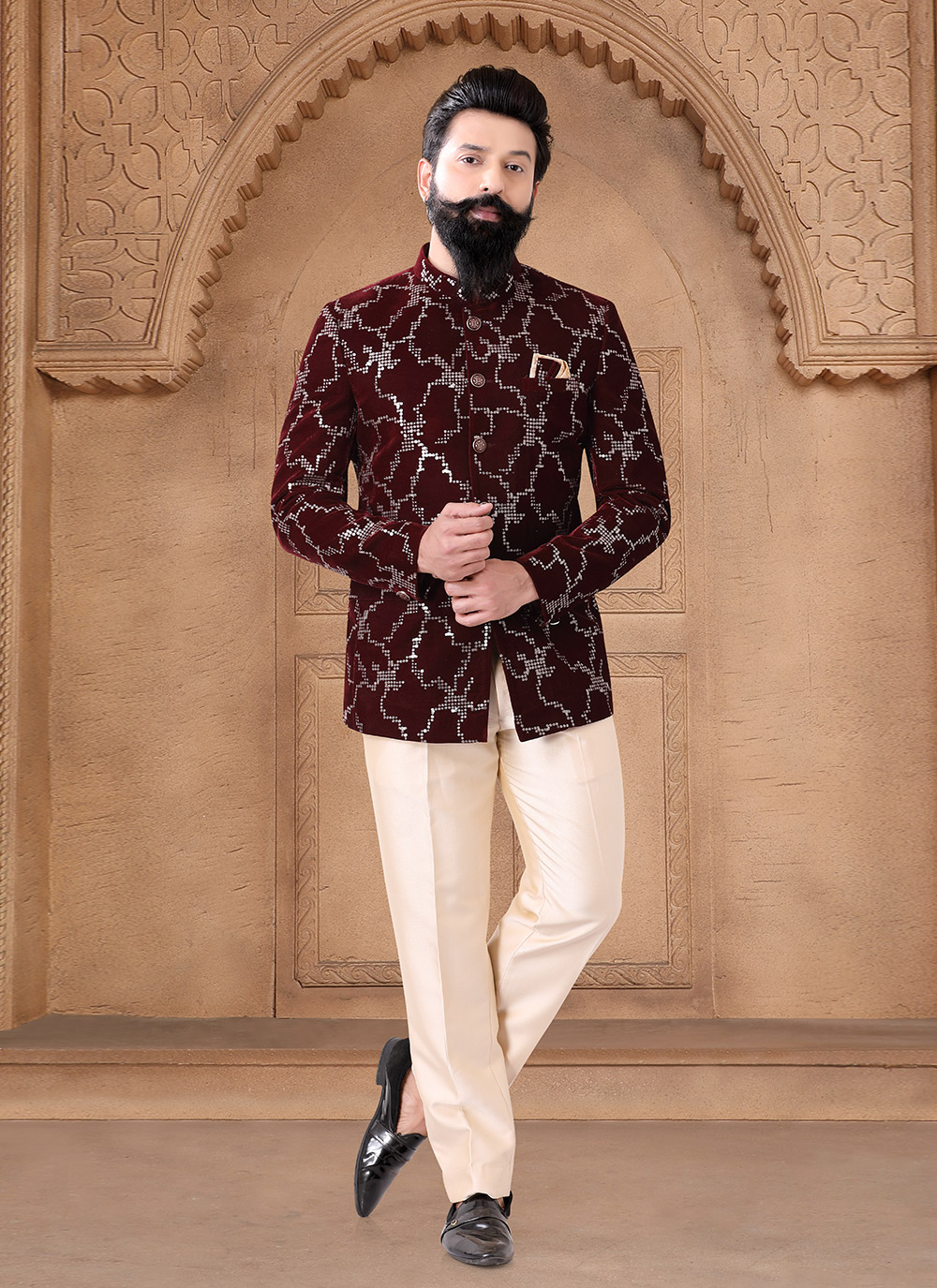 Shop Elegant Maroon Velvet Jodhpuri Suit with Embroidered, Sequins