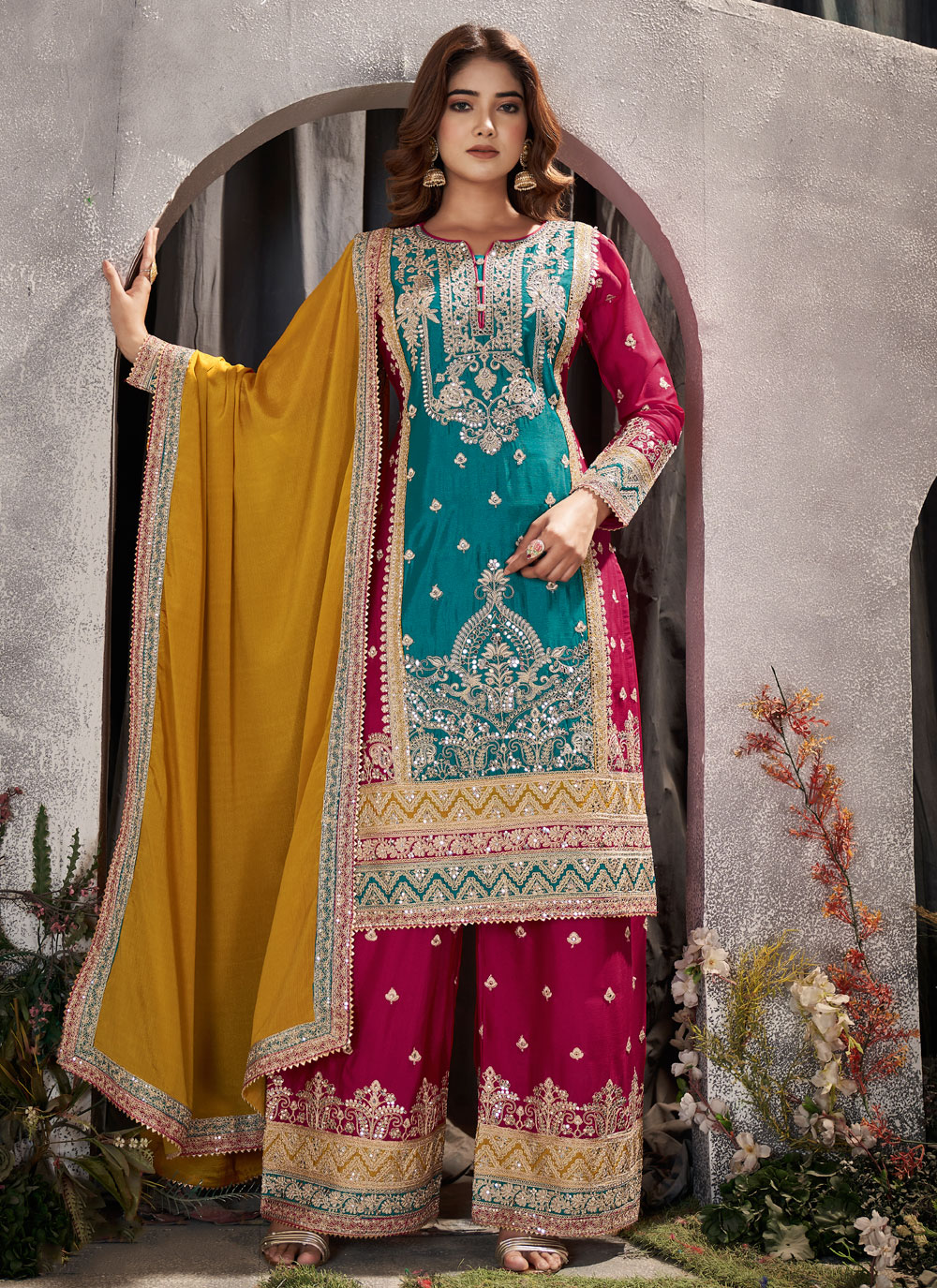 Designer Multi-color Salwar Kameez Palazzo Suits with Chain-stitch Embroidery & Mirror Work, Wedding/Functions wear Shalwar hotsell Kameez Dupatta