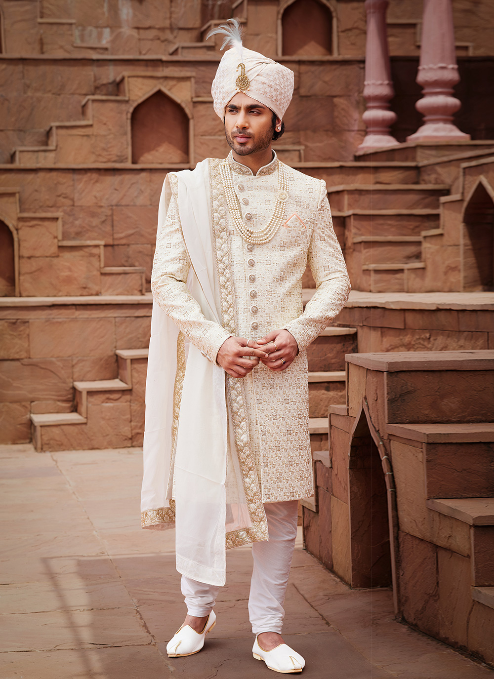 Embroidered Hand and Thread Work Art Silk Sherwani Mens Wear In Cream Buy Online