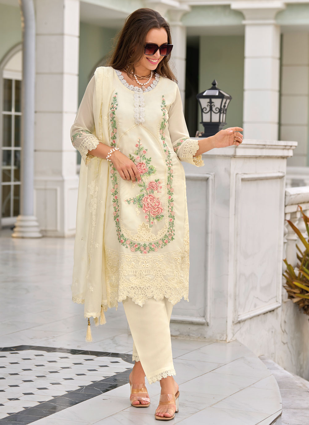 Pakistani salwar kameez organza net embroidered offwhite golden combination dress hot made on custom order