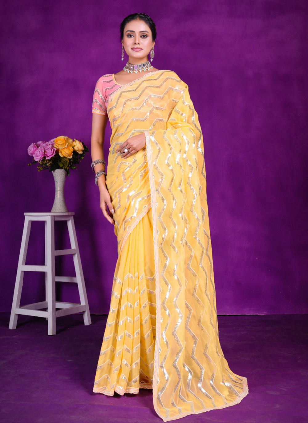 Embroidered Work Shimmer Trendy Saree In Yellow for Ceremonial Buy Online