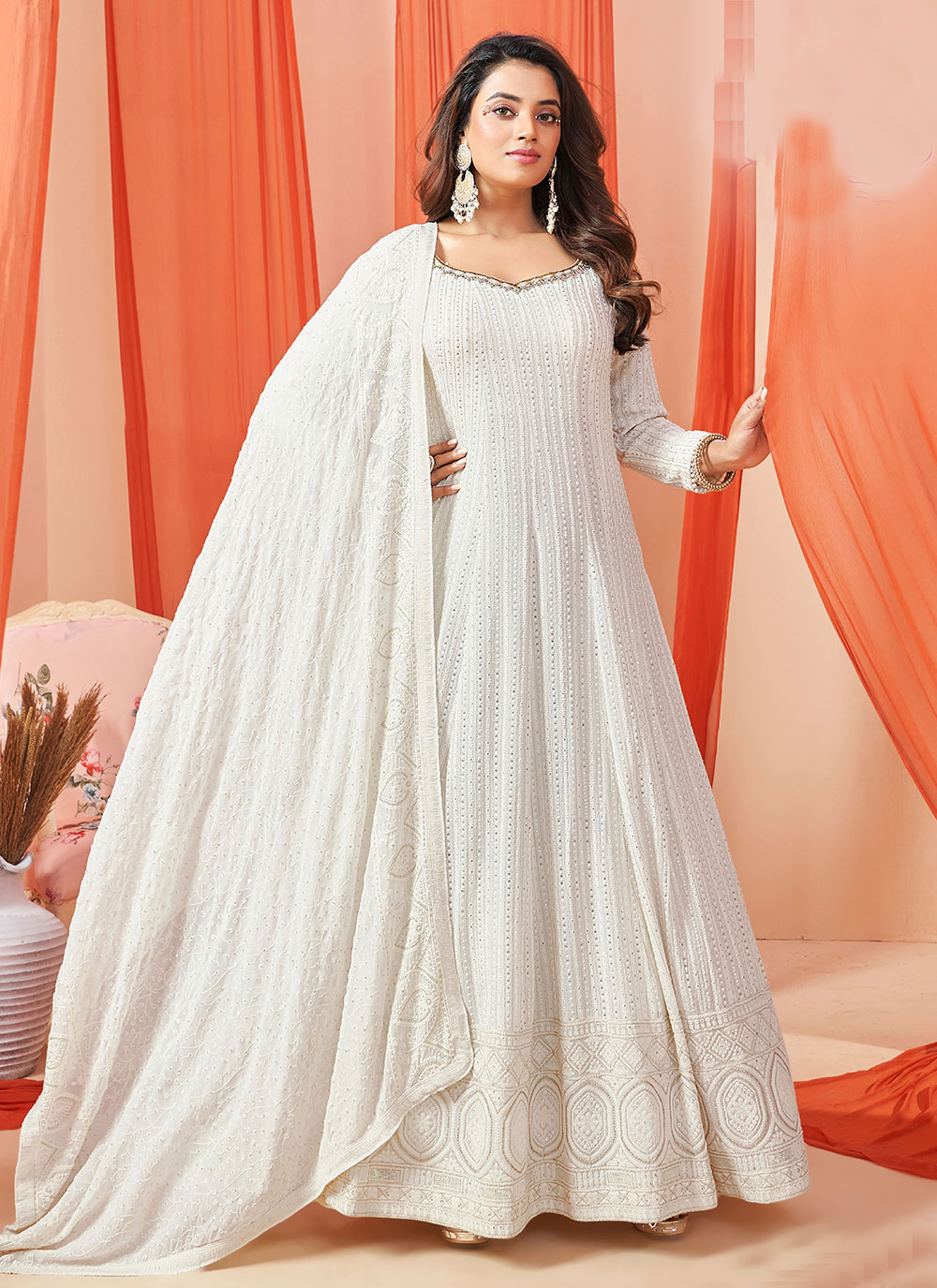 Shop Online Georgette Designer Gown In White 279617