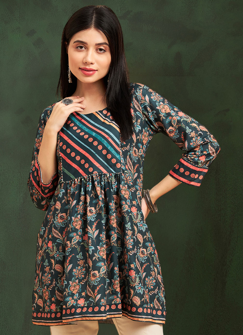 Shop Online Lace and Print Work Chinon Designer Kurti In