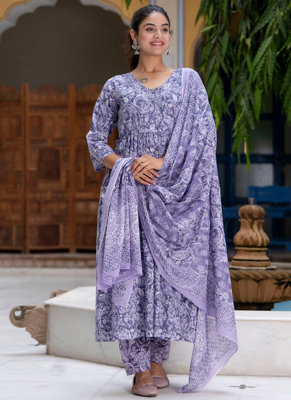 Buy Lavender Cotton Print Work Salwar Suit for Ceremonial Online