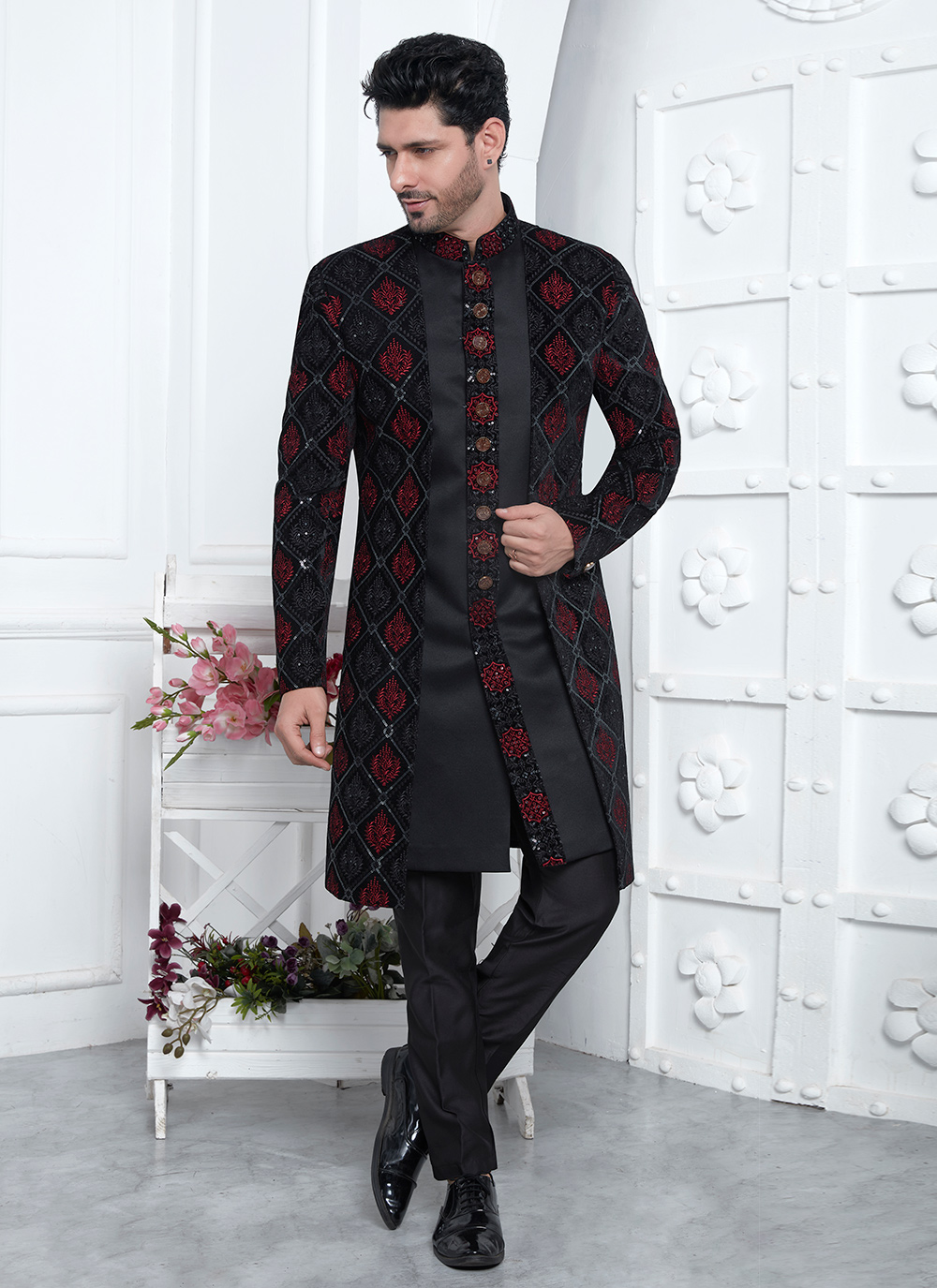 Shop Machine Embroidery and Thread Work Silk Sherwani Mens Wear In
