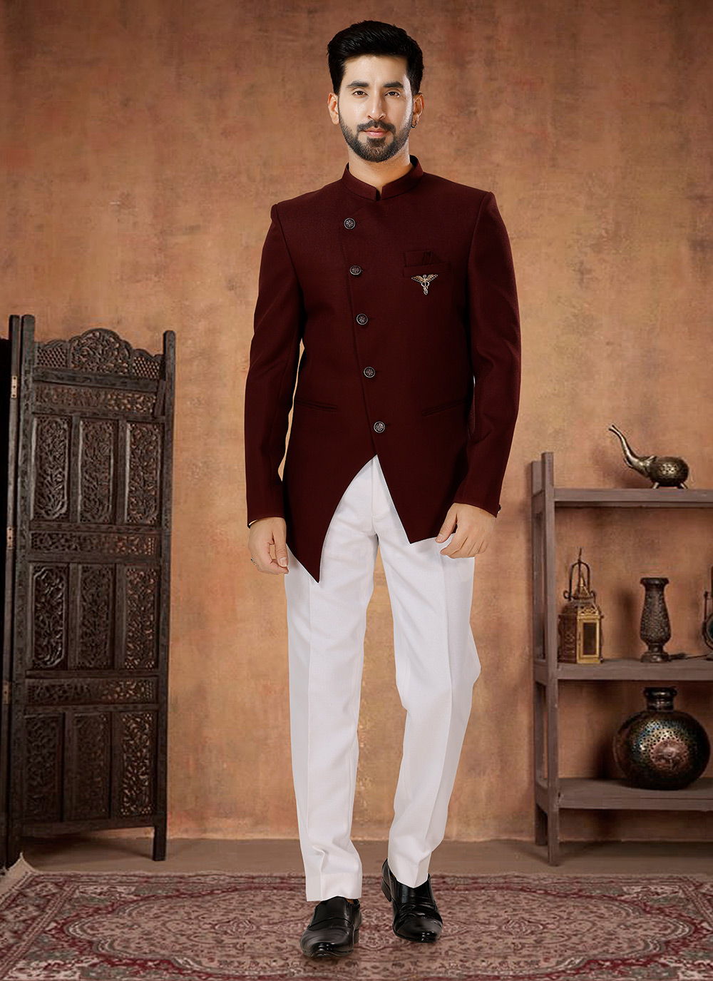 Maroon Rayon Jodhpuri Suit with Buttons Work for Men