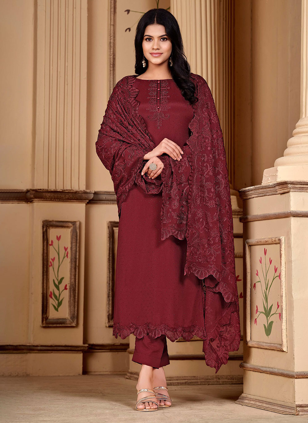 Buy Maroon Silk Salwar Suit with Diamond and Embroidered Work Online :  279300 