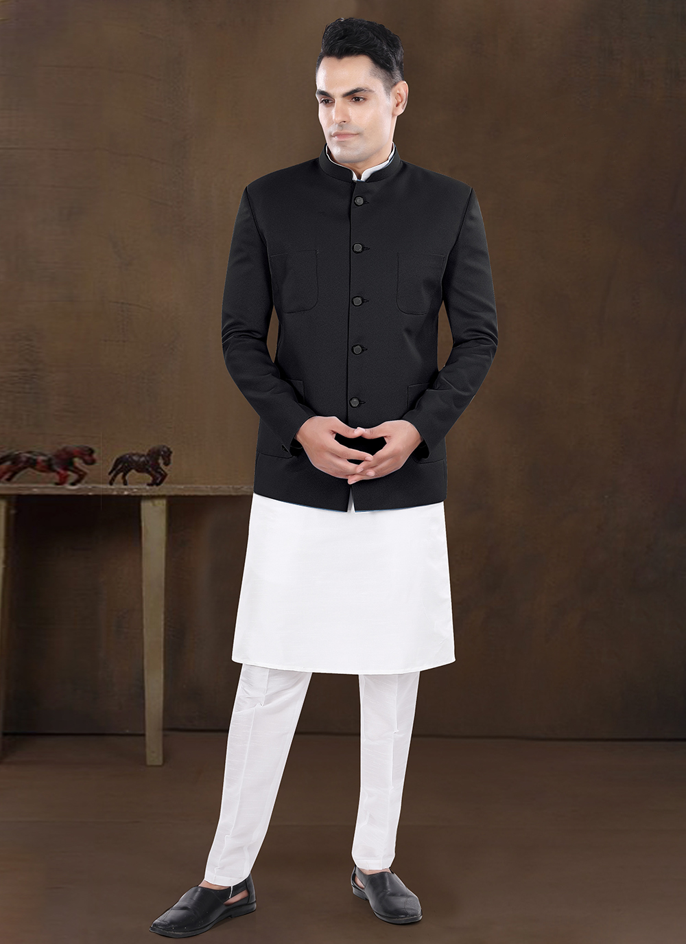 Buy Men Black and Off White Silk Kurta Payjama with Jacket In