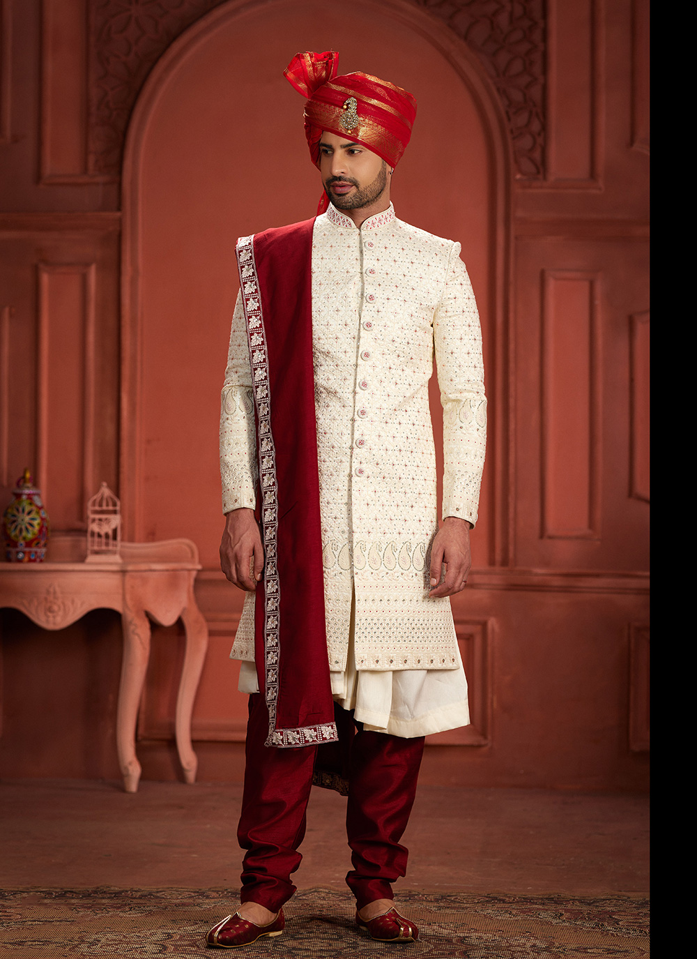 Buy Men's Cream and Rani Silk Embroidered, Hand and Sequins Work ...