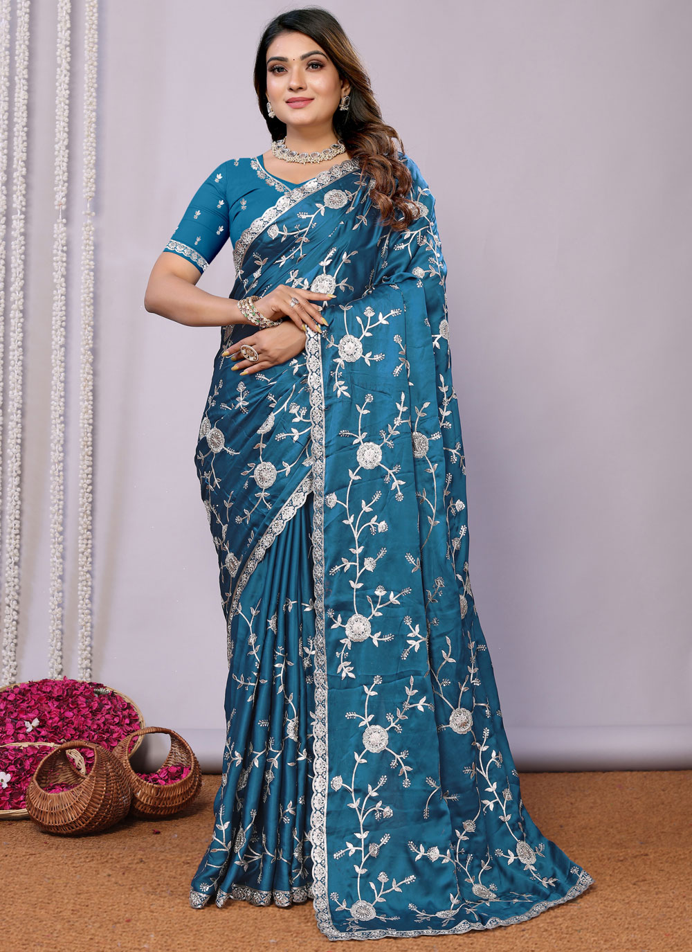 Buy Morpeach Satin Embroidered and Sequins Work Contemporary Saree ...