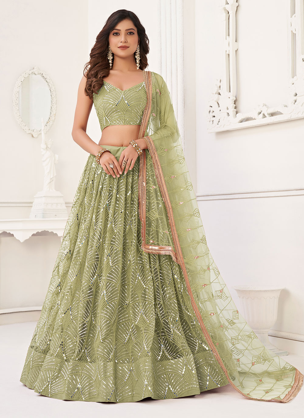 Buy Net Lehenga Choli with Embroidered Mirror and Sequins Work Online 290627