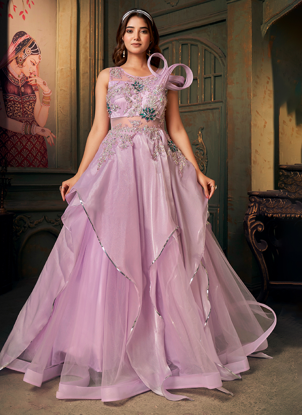 Shop Online Pink Net Designer Gown with Hand Sequins and Stone Work 280788 Gown