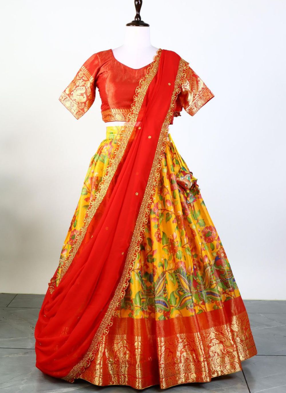 Shop Red and Yellow Silk Lehenga Choli Online 276951