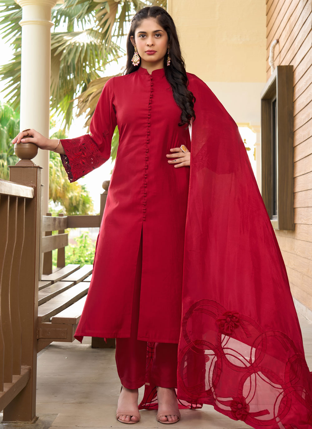 Red Art Silk Pant Style Suit In Plain for Women