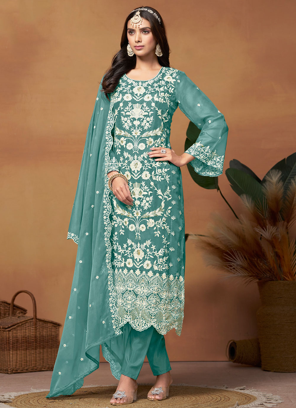 Turquoise Organza Embroidered and Sequins Work Pakistani Salwar