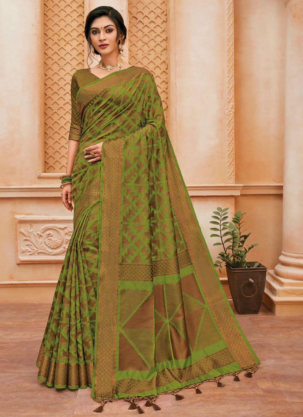 Weaving Work Cotton Silk Traditional Saree In Green For Ceremonial Buy Online 8187